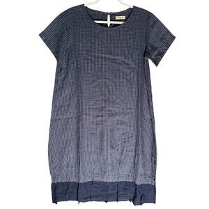 Samansa Mos2 Short Sleeve‎ 100% Hemp Blue Check Shift Dress Sz M Pintuck Hem